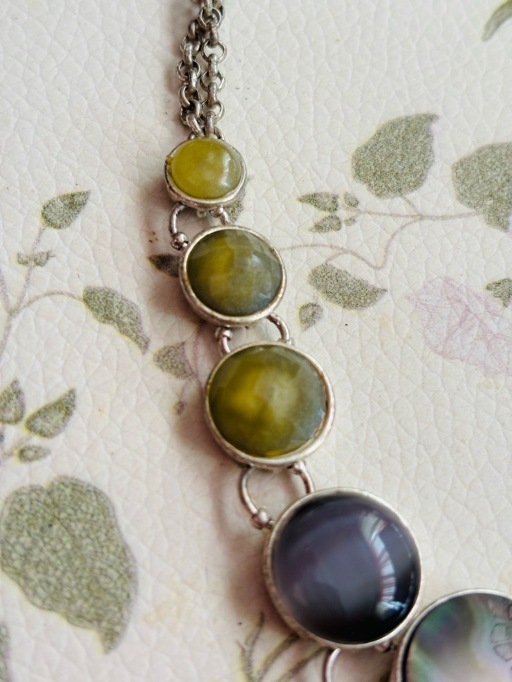 silver toneNecklace with Olive Green and Gray Gemstone Discs